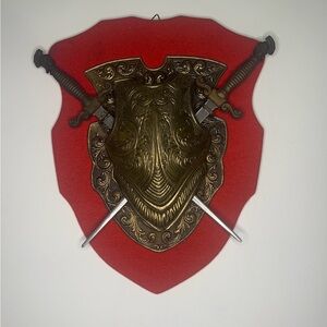 Vintage Bronze Shield Wall Decor with Swords